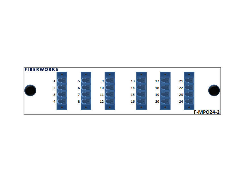 F-MPO24-2-SM-MPA-LCU Fiberworks AS  24-fiber MPO mounted fanout, rear access MPO12(f) to LC/UPC connectors. SM 9/125.