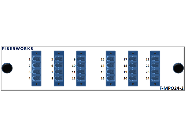 24-fiber MPO mounted fanout, rear access MPO12(f) to LC/UPC connectors. SM 9/125.