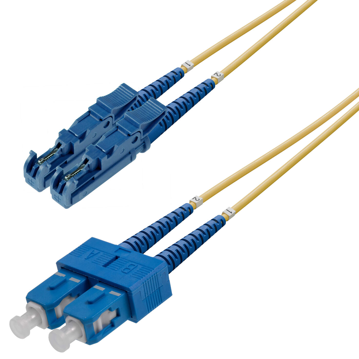 P-SM9-D2Y-E2U-SCU-xx Fiberworks AS  Snor SM DPX E2000/UPC-SC/UPC xx m 9/OS2 G.657.A2 2x ø2mm Gul