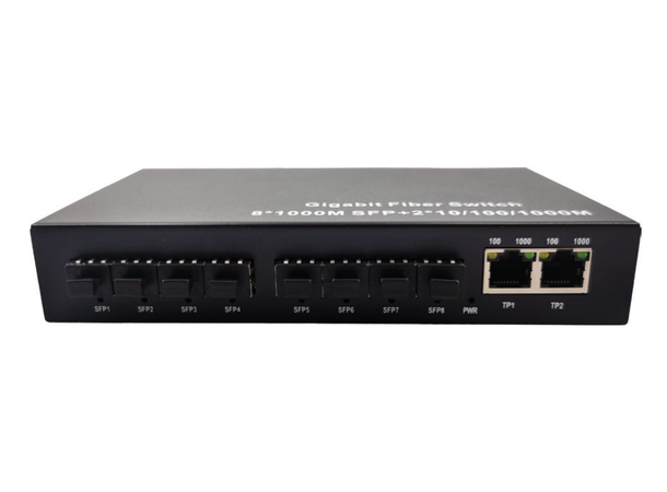 8x SFP to 2x 10/100/1000Base-T switch External power supply.