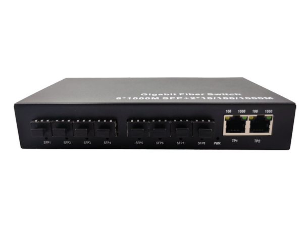 8x SFP to 2x 10/100/1000Base-T switch External power supply. 