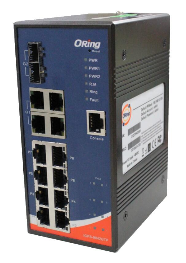 ORING-IGPS-9842GTP24 ORing Industrial Networking Corp. IGPS-9842GTP-24V ORing GigE 8x PoE RJ45 + 4xRJ45 + 2x SFP Managed Switch,  24V