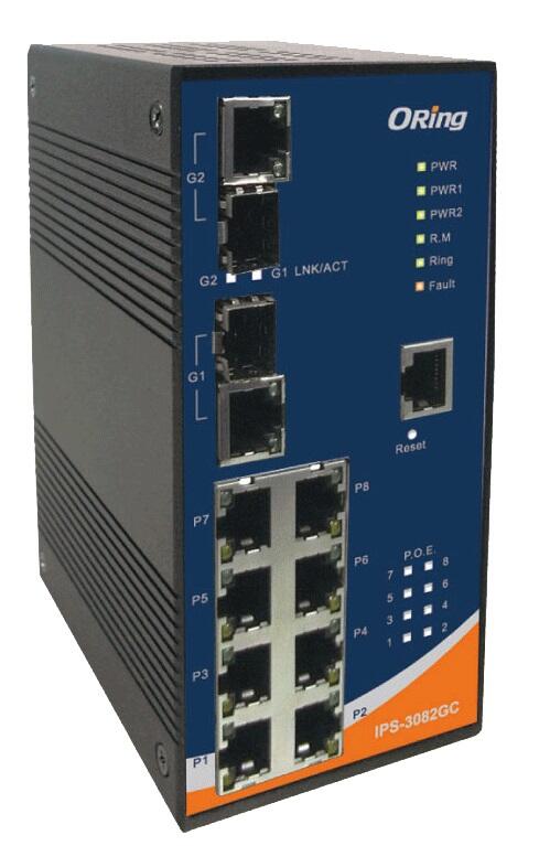 ORING-IPS-3082GC-24V ORing Industrial Networking Corp. IPS-3082GC-24V ORing FastE 8x PoE RJ45 + 2x SFP/RJ45 Managed Switch, Rugged, 24V