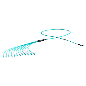 P-OM3-M4A-MTM-12LCxx Fiberworks AS  Forgrening MM MPO/PC12 hann-12x LC/PC 50/OM3 BIF ø4.5mm Aqua forsterket, Elite