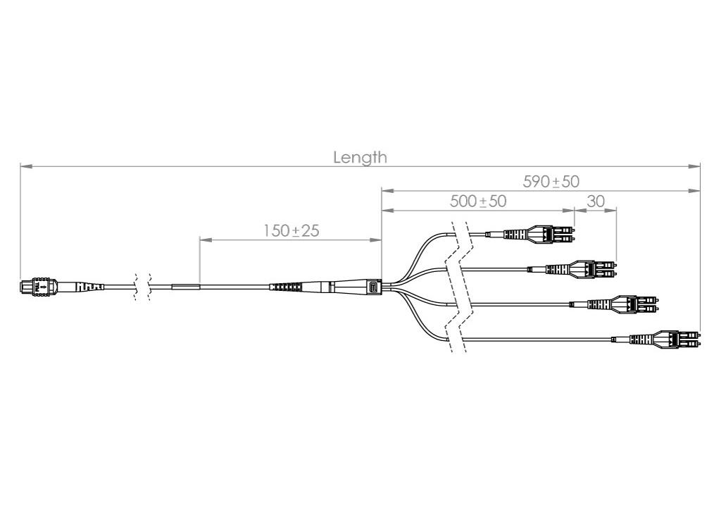 P-OM3-M4A-MTM-12LC15 Fiberworks AS  Fanout MPO12(m) - 12x LC/PC, 15 m 50/OM3, ø4.5 mm forsterket, Aqua, Elite