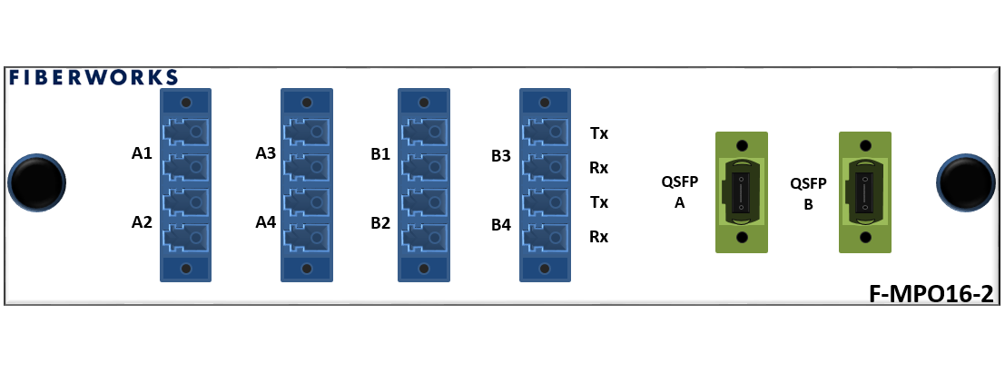 F-MPO16-2-SM-M1F-LCU Fiberworks AS  MPO mounted fanout for 2x QSFP PSM4 MPO8(f) to LC/UPC connectors. SM 9/125.
