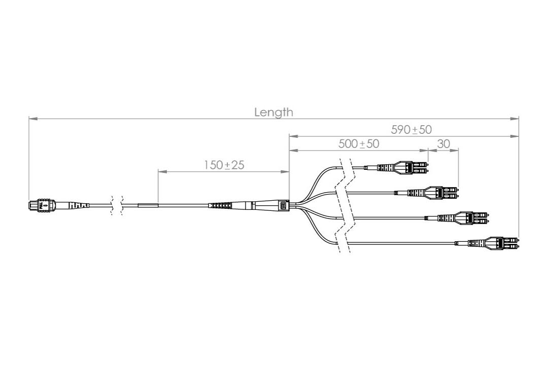 P-OM4-M4M-MTF-8LC-05 Fiberworks AS  Fan-out MPO8(f) - 8x LC/PC uniboot, 5 m MM 50/OM4, ø3 mm Erika Violet