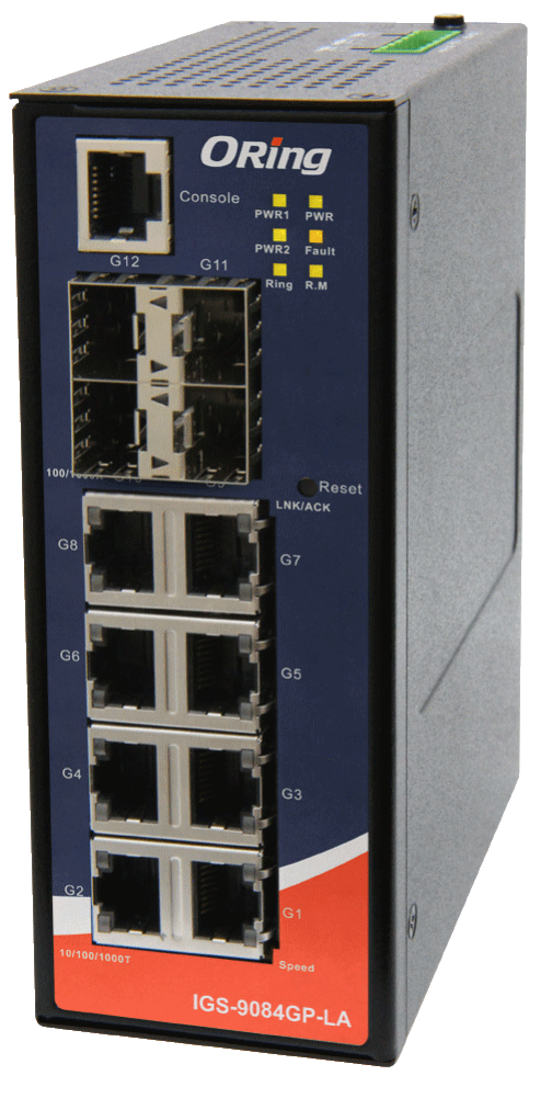 ORING-IGS-9084GP-LA ORing Industrial Networking Corp. IGS-9084GP-LA ORing GigE 8x 10/100/1000TX +4x SFP Managed Switch, Rugged, 12-48VDC