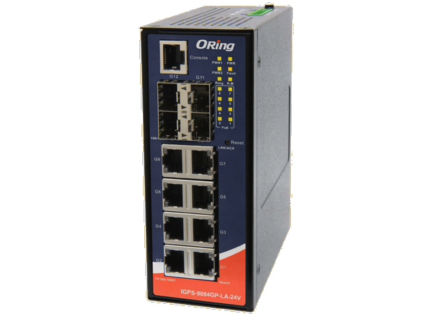 ORing GigE 8x PoE RJ45 + 4x SFP Managed Switch, 24V, Slim 