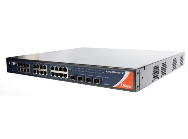 ORing L3 GigE 24x PoE RJ45 + 4x 10G SFP+ Rackmount Switch, AC Power 1000 W, w/MRP