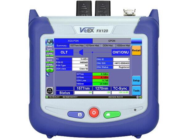 VeEX FX120 XGS-PON/GPON-analysator m/RF 1270/1310//1490/1550/1577 nm, SC/APC