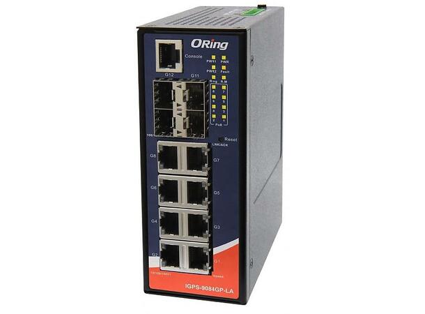 ORing GigE 8x PoE RJ45 + 4x SFP Managed Switch, 56V, Slim 
