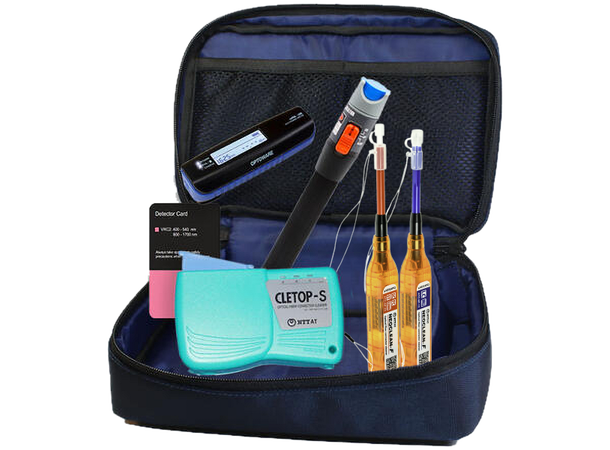 Startkit for fiberoptikk med veske Renseutstyr, effektmeter, VFL og IR-kort 