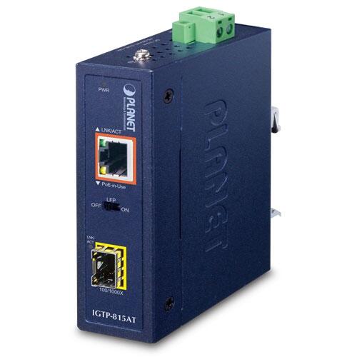 MC-PLANET-IGTP-815AT PLANET IGTP-815AT Industriell 100/1000Base Media Converter PoE+ 802.3at, RJ45 og SFP