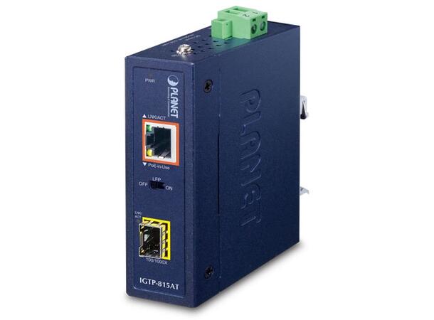 Industriell 100/1000Base Media Converter PoE+ 802.3at, RJ45 og SFP 