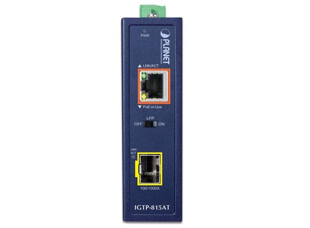 Industriell 100/1000Base Media Converter PoE+ 802.3at, RJ45 og SFP