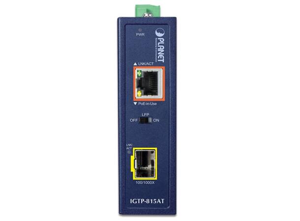 Industriell 100/1000Base Media Converter PoE+ 802.3at, RJ45 og SFP 