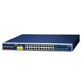 PLANET L2+ 24x GE PoE+ RJ45, 4x 10G SFP+ Managed, DC power, industrial temp.