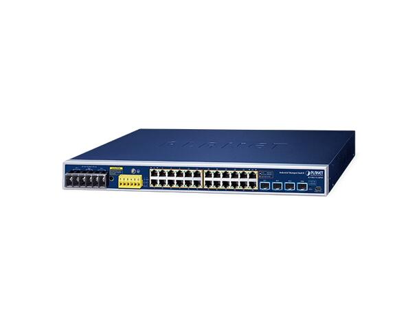 PLANET L2+ 24x GE PoE+ RJ45, 4x 10G SFP+ Managed, DC power, industrial temp. 