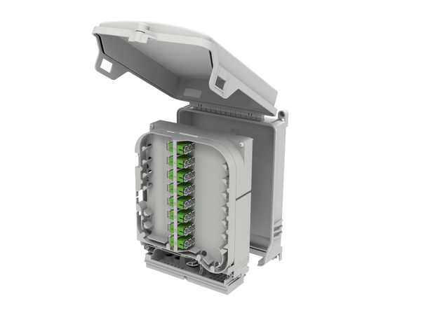 Veggboks inne/ute 72 skjøter IP55 Med skjøtekassetter og 24*SC/APC adapter 