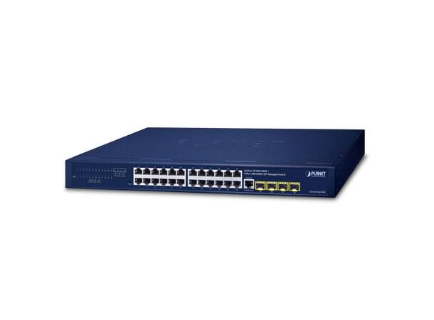 PLANET 24x GigE RJ45, 4x 100/1000X SFP Gigabit managed Ethernet Switch, AC+DC 