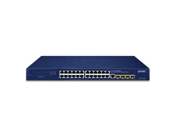 PLANET 24x GigE RJ45, 4x 100/1000X SFP Gigabit managed Ethernet Switch, AC+DC 