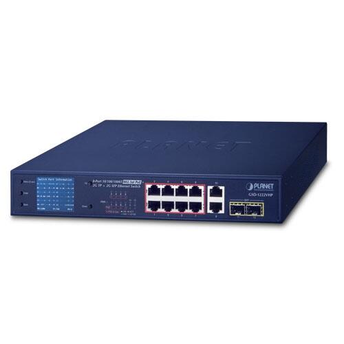 PLN-GSD-1222VHP PLANET GSD-1222VHP PLANET 8x POE GigE, 2x GigE RJ45, 2xSFP Gigabit umanaged Ethernet Switch, LCD