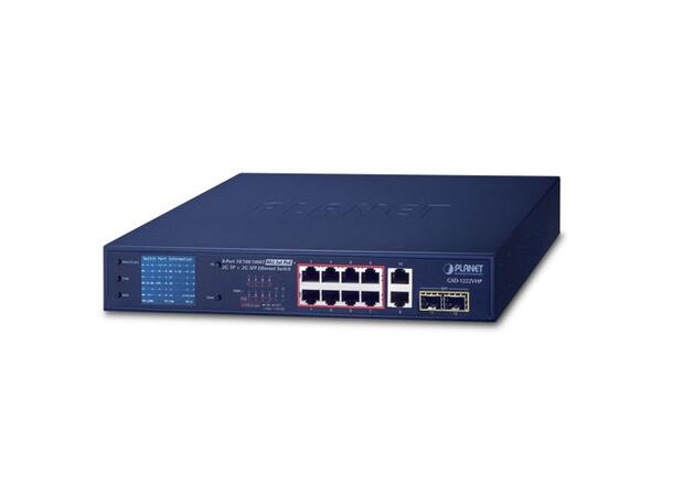 PLANET 8x POE GigE, 2x GigE RJ45, 2xSFP Gigabit umanaged Ethernet Switch, LCD 