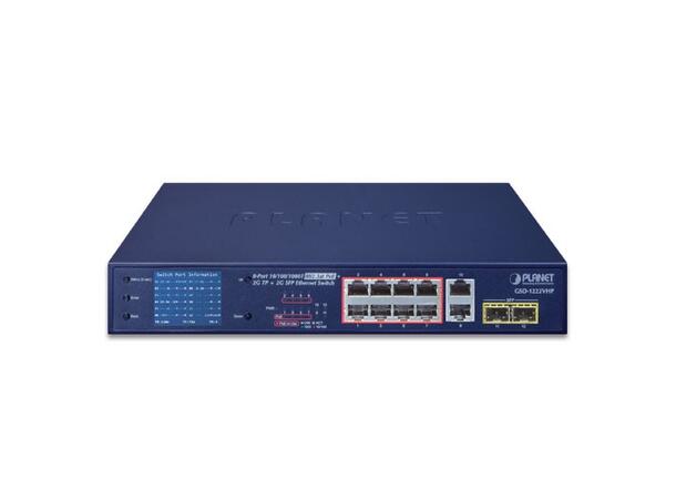 PLANET 8x POE GigE, 2x GigE RJ45, 2xSFP Gigabit umanaged Ethernet Switch, LCD 