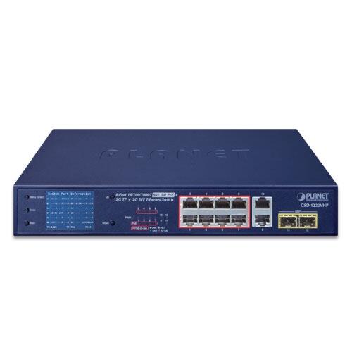 PLN-GSD-1222VHP PLANET GSD-1222VHP PLANET 8x POE GigE, 2x GigE RJ45, 2xSFP Gigabit umanaged Ethernet Switch, LCD