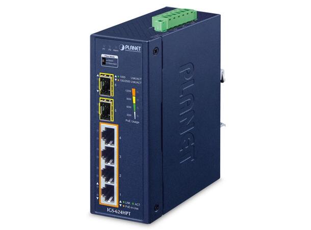 PLANET 4x GE PoE RJ45, 2x1000X SFP 1G Ethernet Industrial Switch, IP40, DIN 