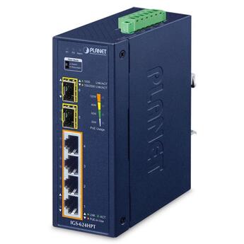 PLN-IGS-624HPT PLANET IGS-624HPT PLANET 4x GE PoE RJ45, 2x1000X SFP 1G Ethernet Industrial Switch, IP40, DIN