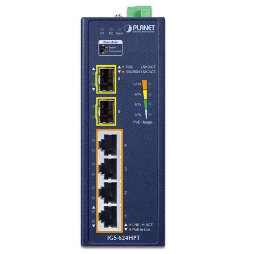 PLN-IGS-624HPT PLANET IGS-624HPT PLANET 4x GE PoE RJ45, 2x1000X SFP 1G Ethernet Industrial Switch, IP40, DIN