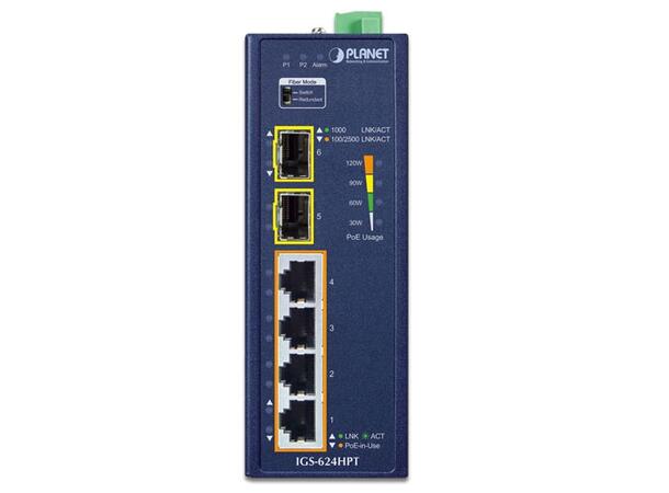 PLANET 4x GE PoE RJ45, 2x1000X SFP 1G Ethernet Industrial Switch, IP40, DIN 
