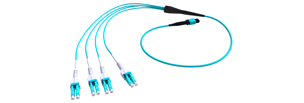 P-OM3-M3A-MTF-8LC1.5 Fiberworks AS  Forgrening MM MPO8(f) - 8x LC/PC 1,5 m 50/OM3 BIF ø3 mm Aqua Elite