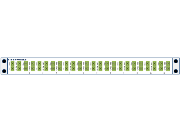 Fiberworks PON CEx mux, 1U 19", SC/APC 12x GPON + RF + XGS-PON 