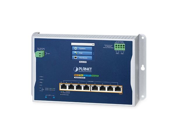 PLANET L2+ 8x GE RJ45 802.3at PoE+ 2x 10G SFP+ wall-mount Ind. Switch w/LCD 