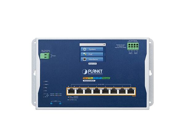 PLANET L2+ 8x GE RJ45 802.3at PoE+ 2x 10G SFP+ wall-mount Ind. Switch w/LCD 