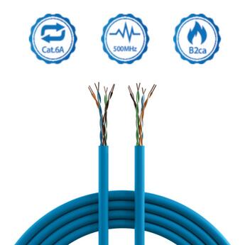 K-CAT6A-B-6.6mm-305m  4049759247782 Kabel Cat.6A U/UTP 500Mhz AWG23, Blå CPR: B2ca, 305m rull-i-boks