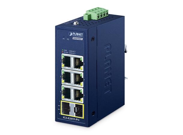 PLANET 6x 10/100/1000T RJ45, 2x 1G SFP PROFINET industrial switch, DIN 