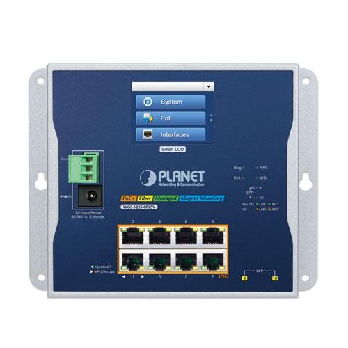PLN-WGS-5225-8P2SV PLANET WGS-5225-8P2SV PLANET L2+ 8x GE RJ45 802.3at PoE+ 2x 2.G SFP wall-mount Ind. Switch w/LCD