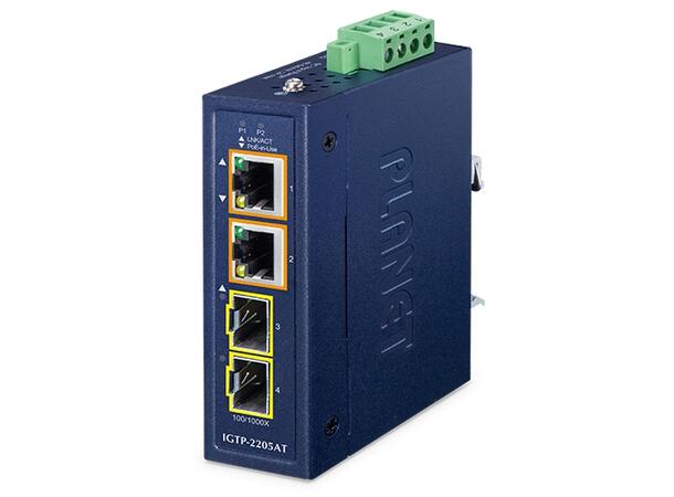 IGTP-2205AT Industrial GigE Media Conv. PoE+ 802.3at, 2xRJ45 og 2xSFP 