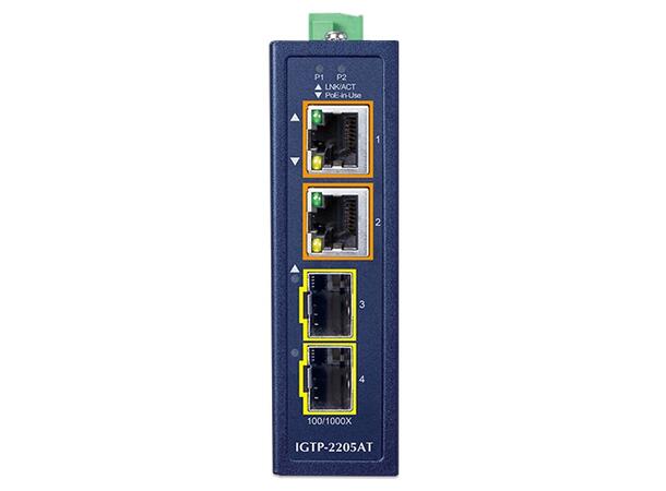 IGTP-2205AT Industrial GigE Media Conv. PoE+ 802.3at, 2xRJ45 og 2xSFP 