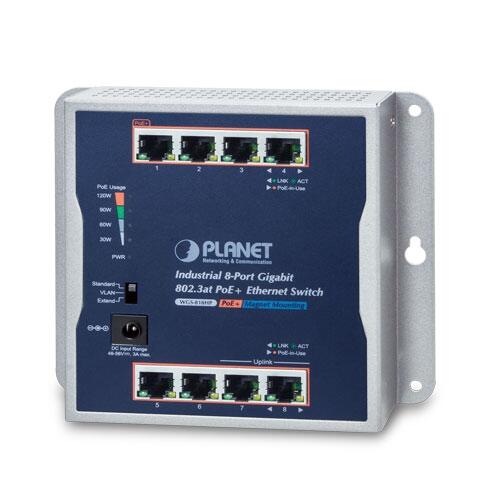 PLN-WGS-818HP PLANET WGS-818HP PLANET L2+ 8x GE RJ45 802.3at PoE+ Wall-mount Industrial Switch