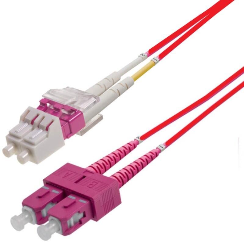 P-OM4-D2R-LCP-SCP-01 Fiberworks AS  Snor MM DPX LC/PC-SC/PC 1 m 50/OM4 BIF 2x ø2mm Rød (Pantone 179C)