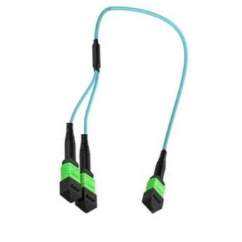 P-OM3-M3A-M1FbM4F-05 Fiberworks AS  Y-SPLIT MPO/APC12(f)-2xMPO/APC4(f), 5 m 50/OM3 BIF, ø3mm Aqua, Pol. B, Elite