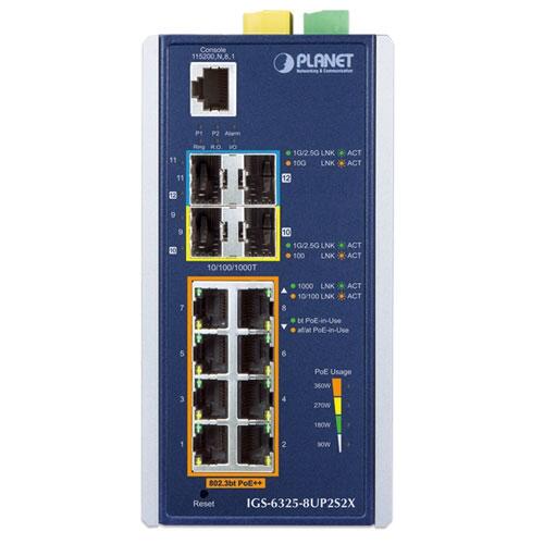 PLN-IGS-6325-8UP2S2X PLANET IGS-6325-8UP2S2X PLANET 8x 1G PoE++, 2x10G SFP+, 2x1G SFP Managed L3 Industrial Switch, DIN