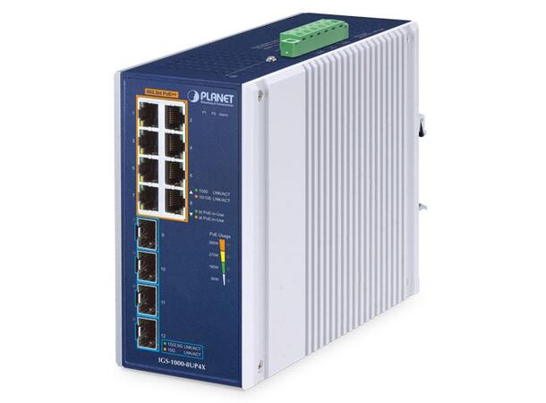 PLANET 8x GE PoE++ RJ45, 4x1000X SFP 1G Ethernet Industrial Switch, IP30, DIN 