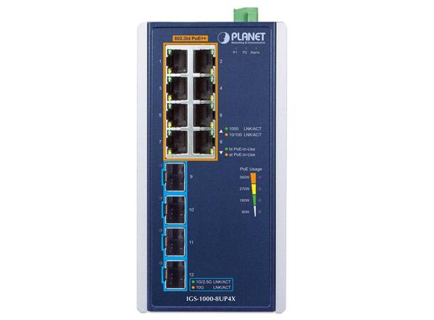 PLANET 8x GE PoE++ RJ45, 4x1000X SFP 1G Ethernet Industrial Switch, IP30, DIN 