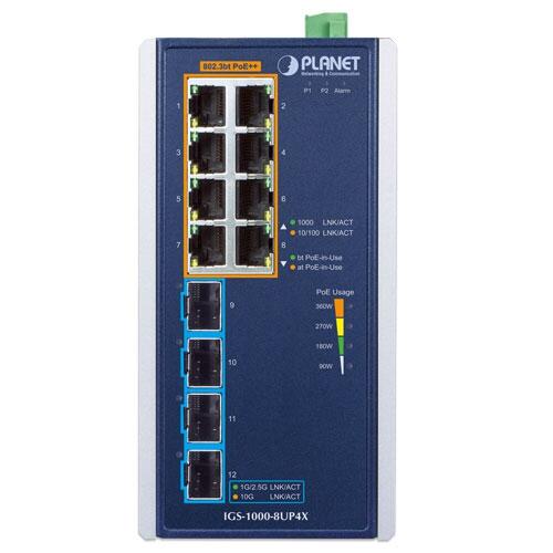 PLN-IGS-1000-8UP4X PLANET IGS-1000-8UP4X PLANET 8x GE PoE++ RJ45, 4x1000X SFP 1G Ethernet Industrial Switch, IP30, DIN